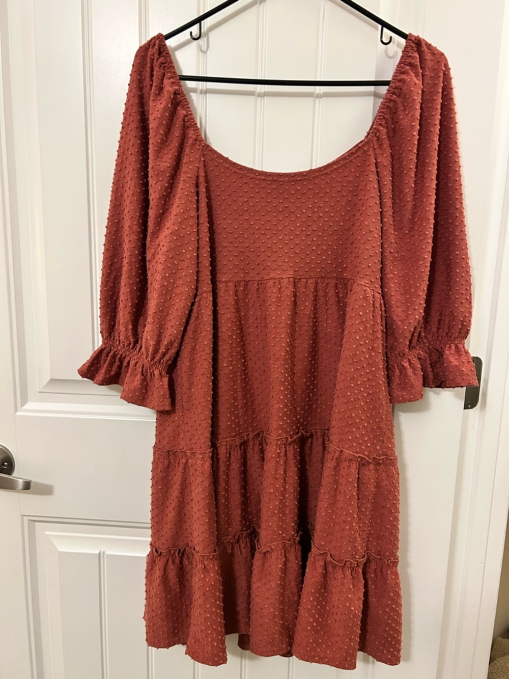 Rust Tiered Swiss Dot Mini Dress with Puff Sleeves